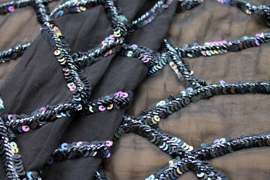 Black iridescent bugle bead and sequin diamond pattern on chiffon