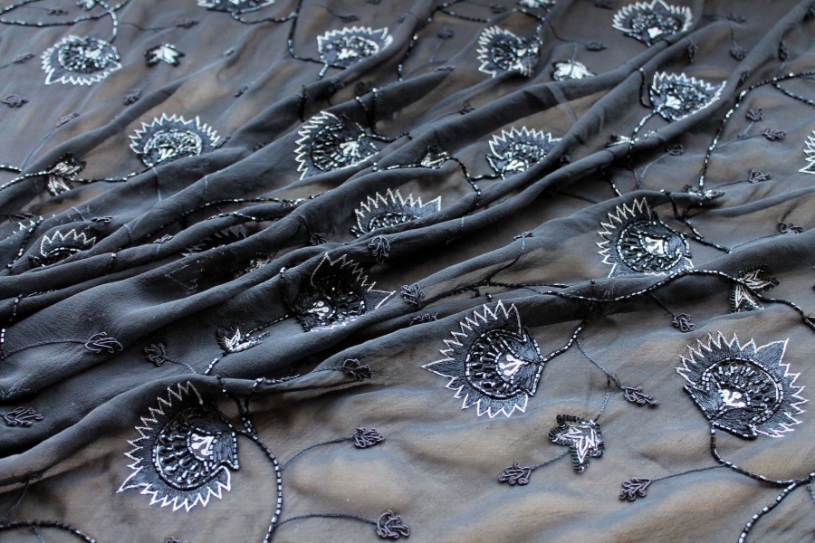 Black Sequinned and Beaded Flowers on Black Chiffon
