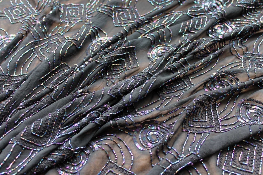 Black iridescent sequins and beads on chiffon