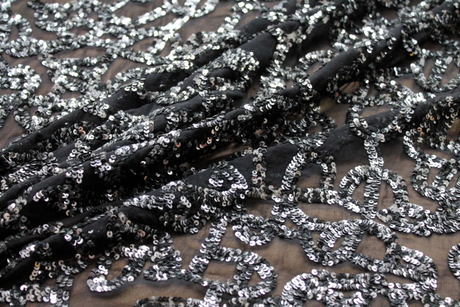 Black and silver micro sequin swirls on chiffon