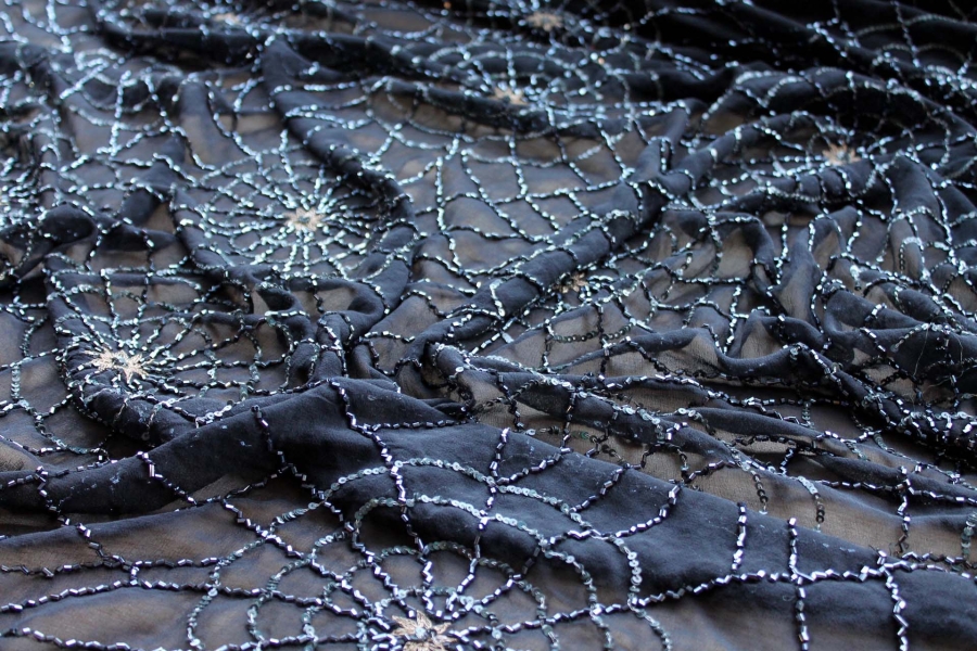 Black chiffon with beading and sequins in a spider web pattern
