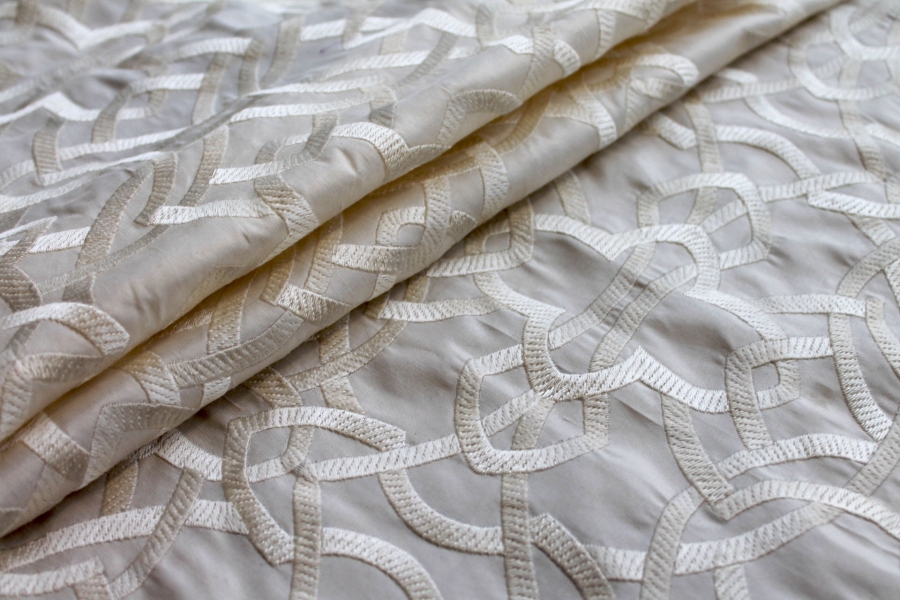 NEW VERSION - Geometric Embroidered Silk Dupion - Creamy Ivory