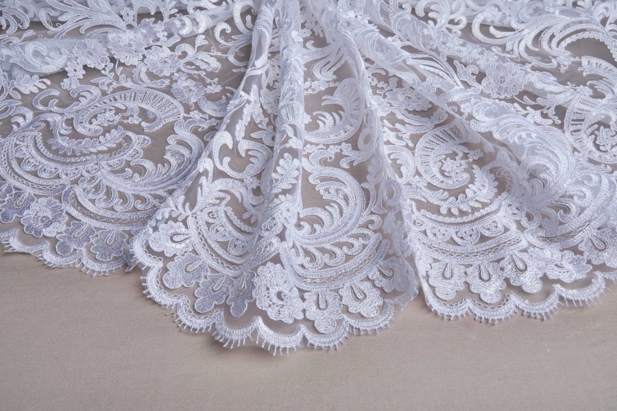 NEW BRIDAL - Corded Embroidered Tulle w/Sequins - White - Double Scallop