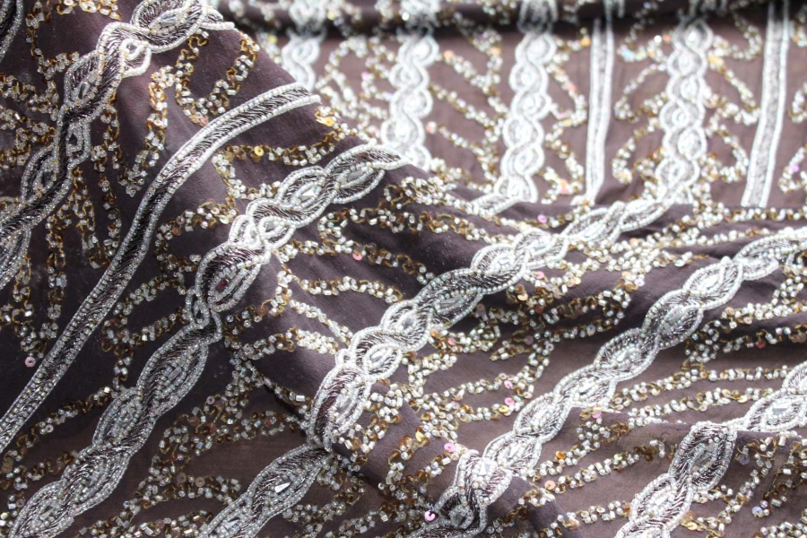 Brown Chiffon with Silver Embroidery and Beading in a Twist Plait Pattern