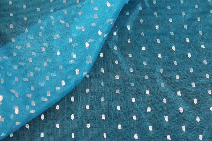 Silk Organza - Turquoise with Silver Spots / Dots