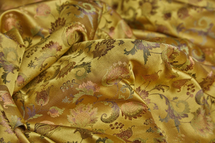 Floral Satin Brocade - Green, Brown and Orange on Yellow