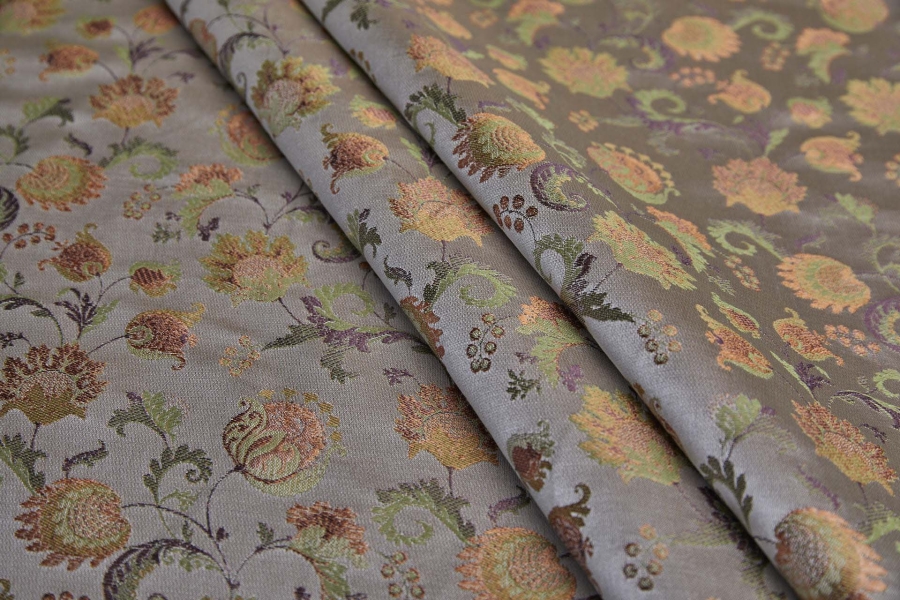 Floral Satin Brocade - Green, Mauve and Orange on Oyster