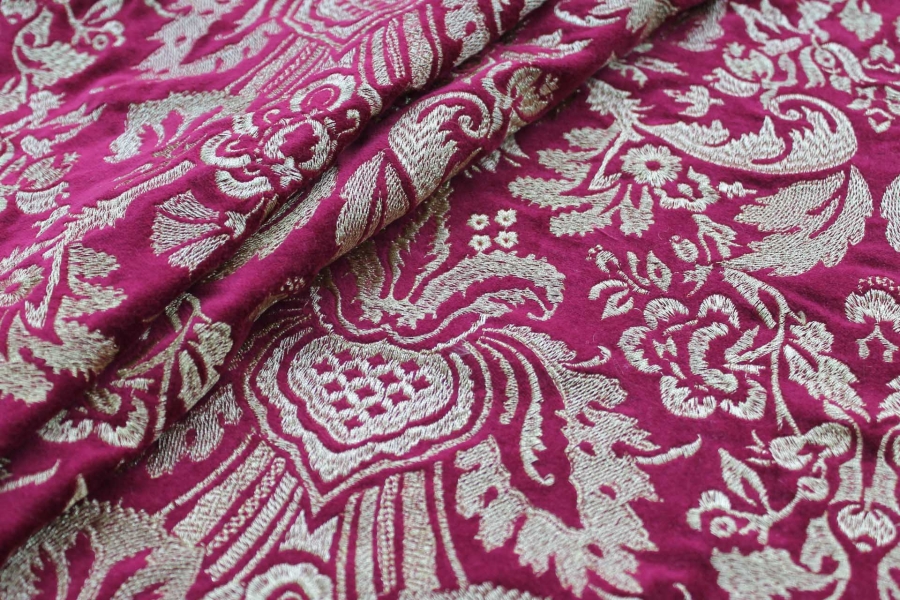 Heavy Jacquard Style Embroidery on Cotton Velvet - Gold on Merlot