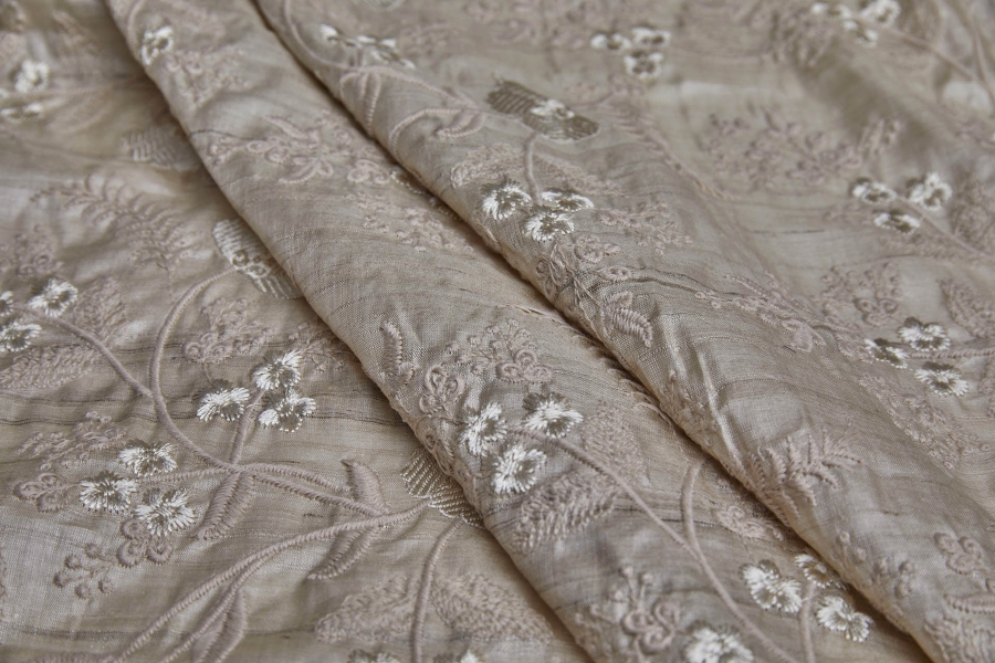 OUT OF STOCK - Cream and Oyster Floral Embroidery on Natural Silk Tassar 