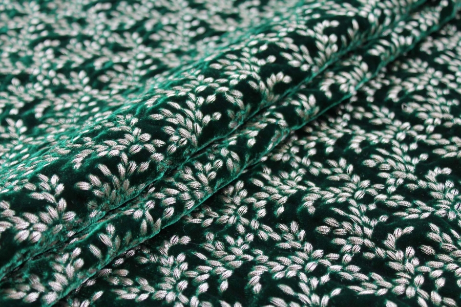 Ornate Gold Leaf Embroidery on Emerald Green Silk Velvet