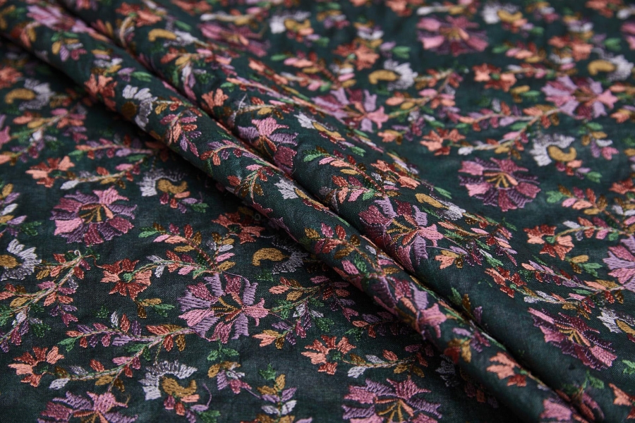 Dense Multi Coloured Floral Embroidery with Green Leaves on Dark Green Silk Tassar