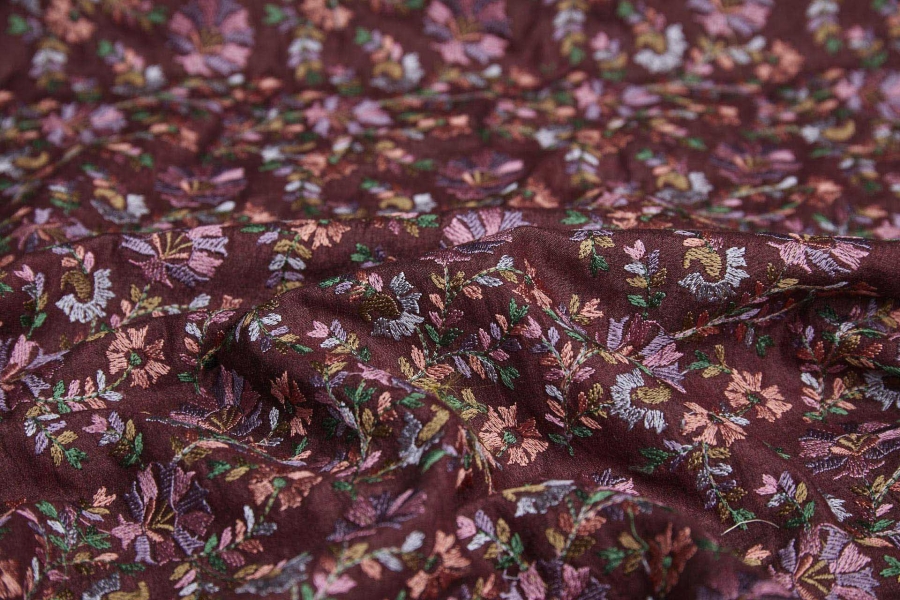Dense Multi Coloured Floral Embroidery on Dark Burgundy Silk Tassar