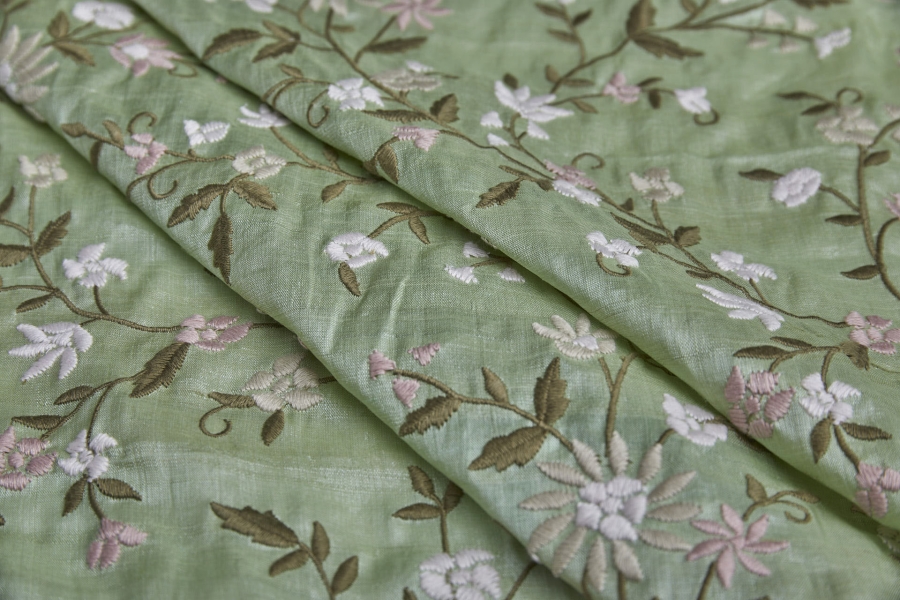 Pink and Oyster Floral Embroidery with Brown Leaves and Stems on Pale Green Tassar