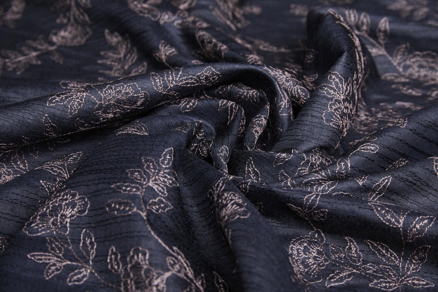 Mauve Floral Embroidery on Black Silk Tassar
