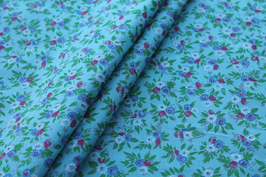 Vintage Printed Cotton - Blue, Green and Pink on Mint