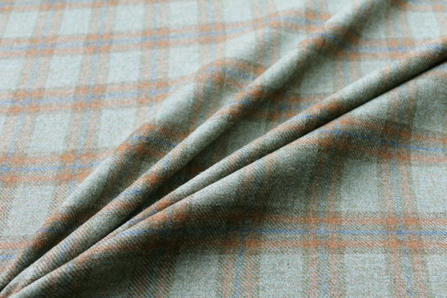 Wool Tartan - Olive Green, Orange and Blue