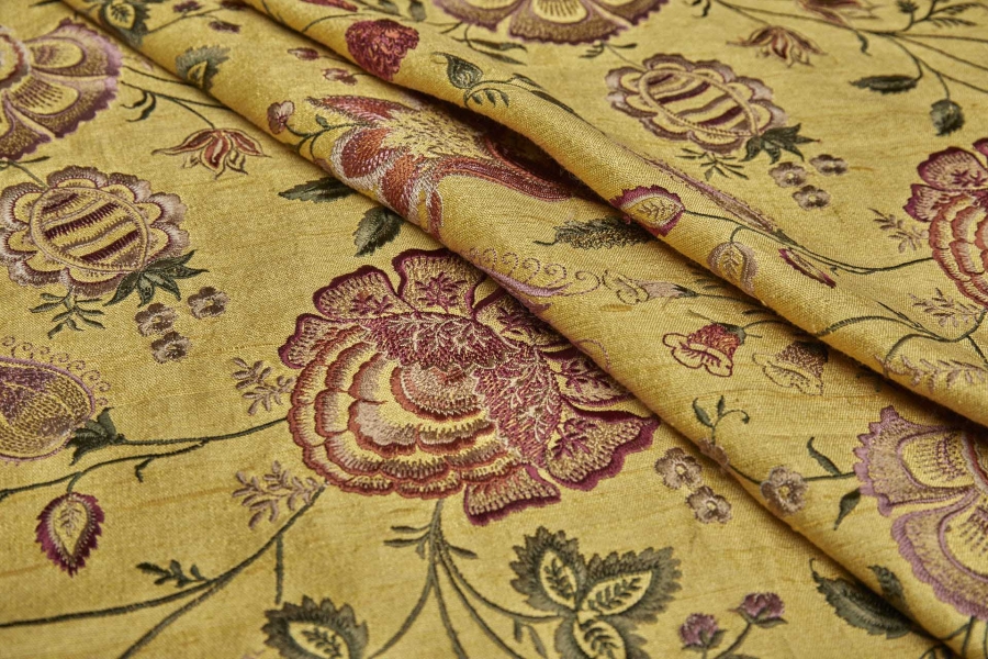 Yellow Textured Raw Silk with Floral Embroidery