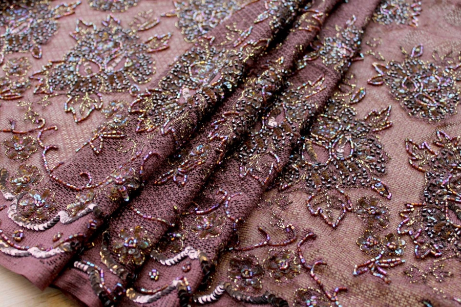 Brown floral graduated lace with metallic gold embroidery and round sequins plus iridescent brown bugle beads