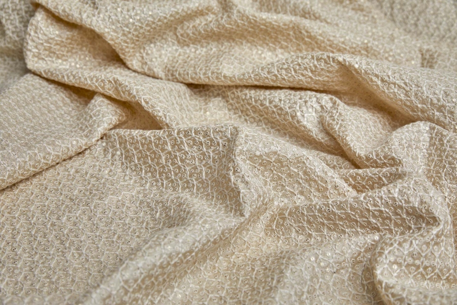Cream Trellis Embroidery with Gold Sequins on Natural Silk Tassar