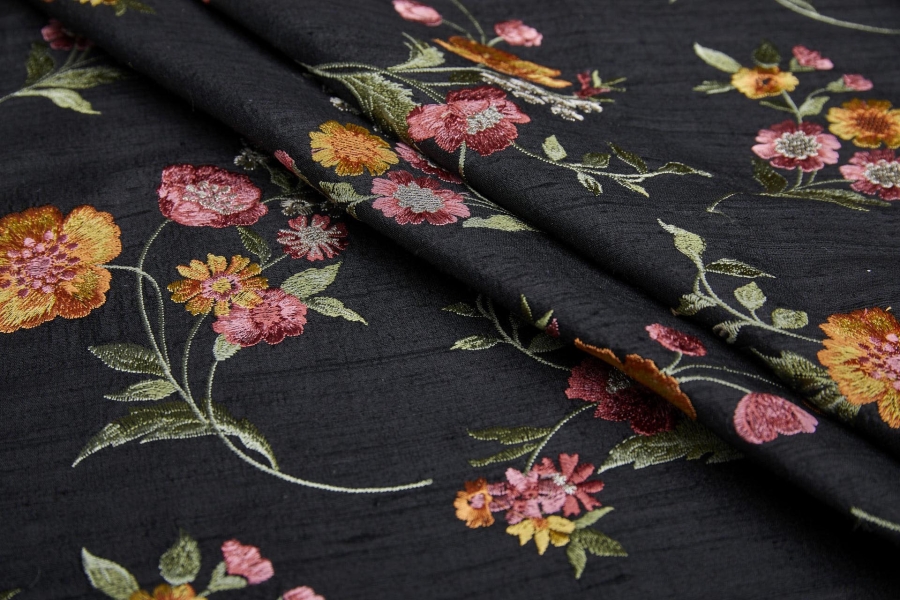 Black Textured Raw Silk with Pink and Yellow Floral Embroidery
