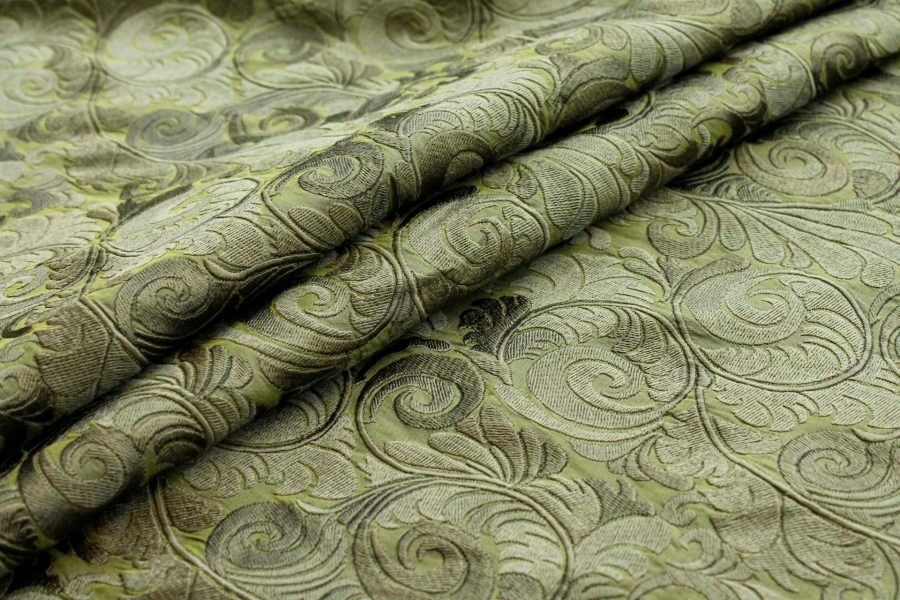 New Large Swirl Embroidered Dupion - Olive Green - 135cm