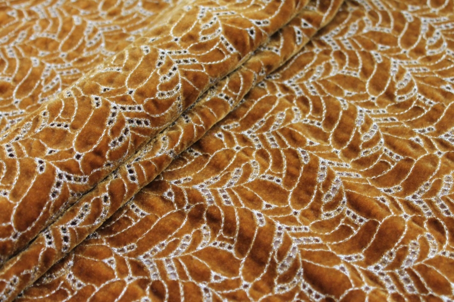 Ornate Gold Leaf Embroidery on Mustard Silk Velvet