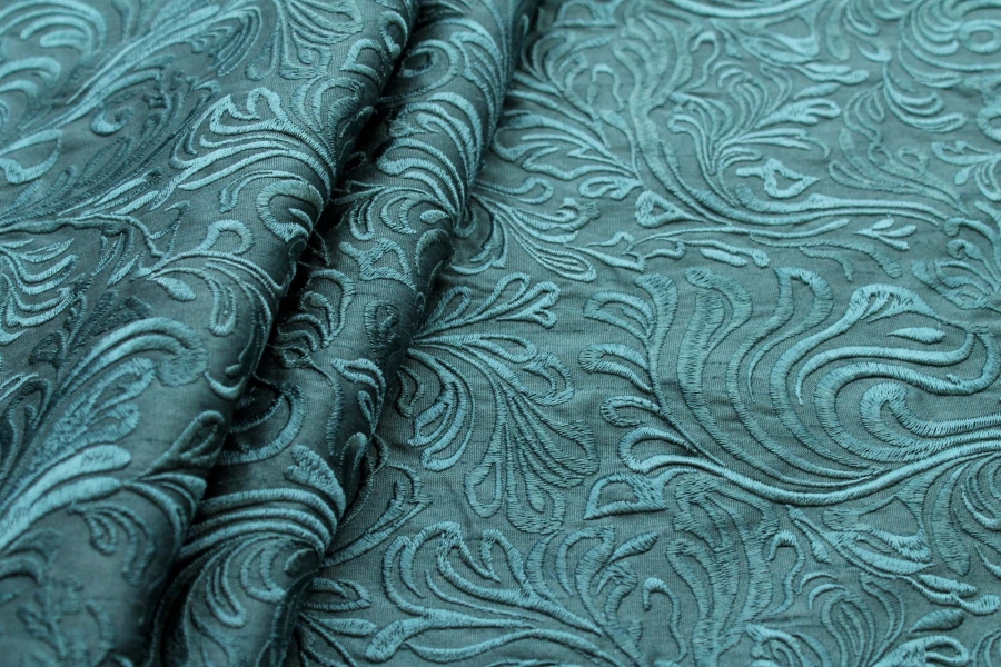 Swirly Embroidered Dupion - Teal on Teal