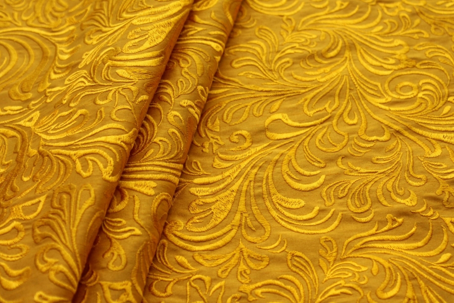 Swirly Embroidered Dupion - Yellow on Yellow
