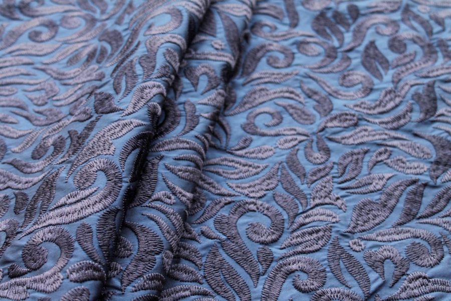 Large Swirly Embroidered Dupion - Navy on Navy