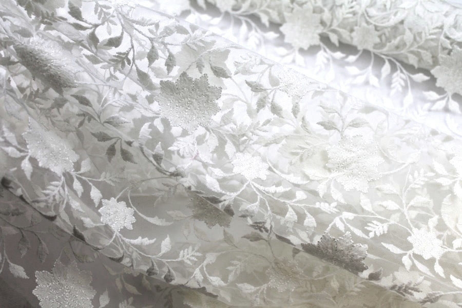 LAST PIECE - Flower and Vine Embroidered Tulle - Ivory