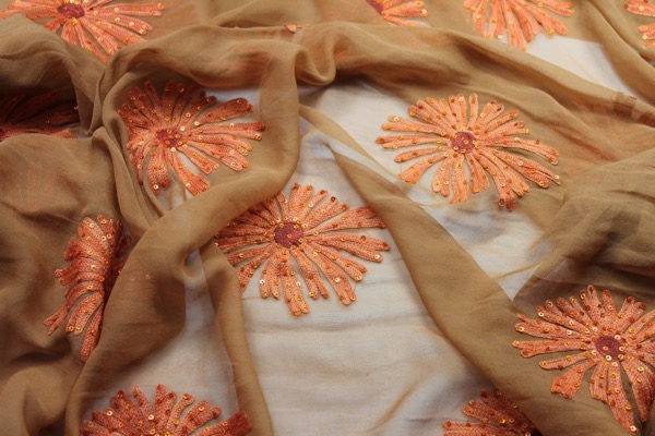 Tan/orange chiffon with large embroidered flowers