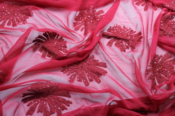 Embroidered Large Flowers w/Sequins on Silk Chiffon - Red
