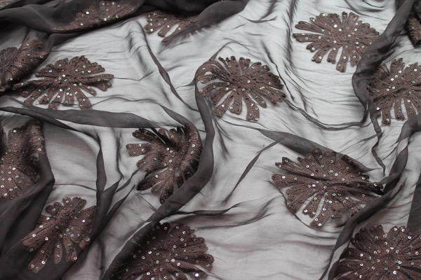 Dark brown chiffon with large embroidered flowers and small round holographic sequins