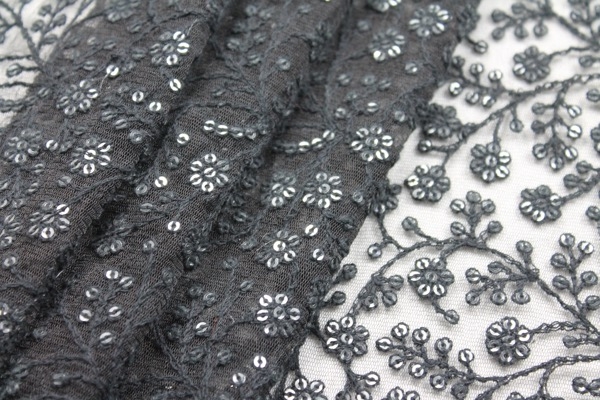 Sequinned and Embroidered Flowers on Tulle - Black