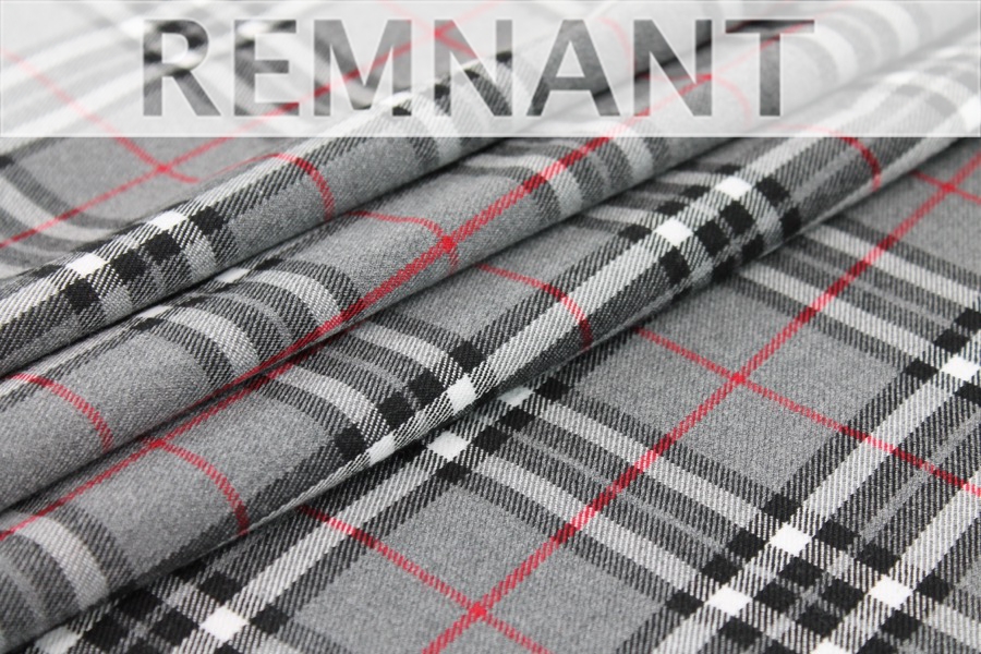 REMNANT - Wool Tartan - Grey, White, Red, Black - 1.4m piece