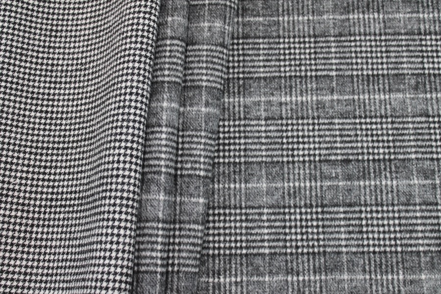 Double Sided Checked Houndstooth Wool - Grey, Black and White