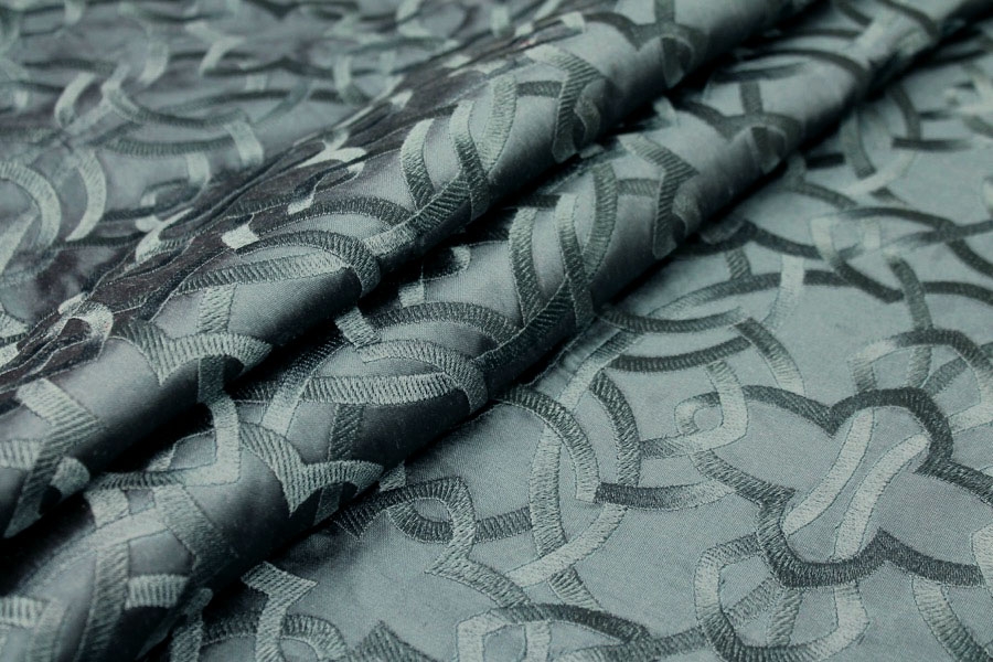 Geometric Embroidered Silk Dupion - Teal