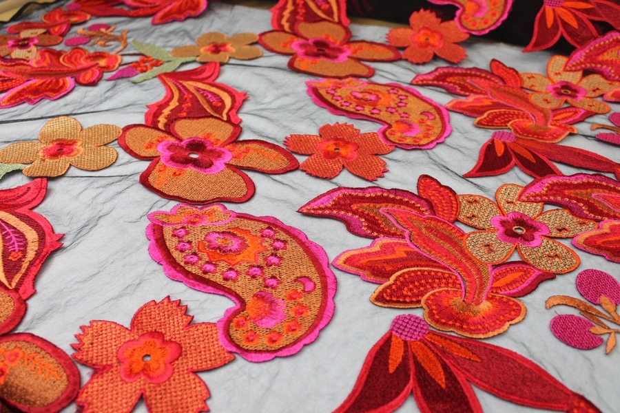 Large Floral and Paisley Embroidery in Pink, Red and Orange on Black Tulle