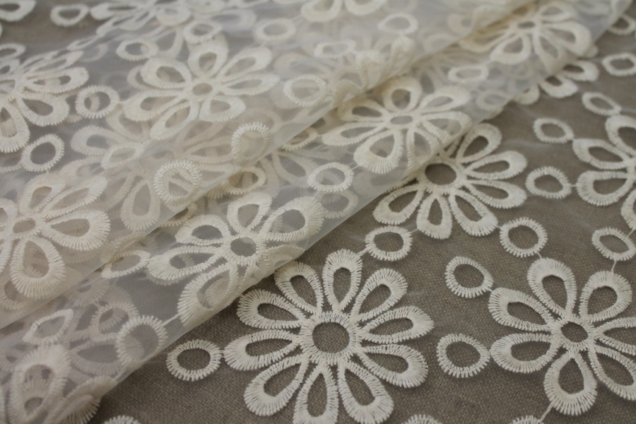 Cream Embroidered Floral Pattern on Ivory Organza