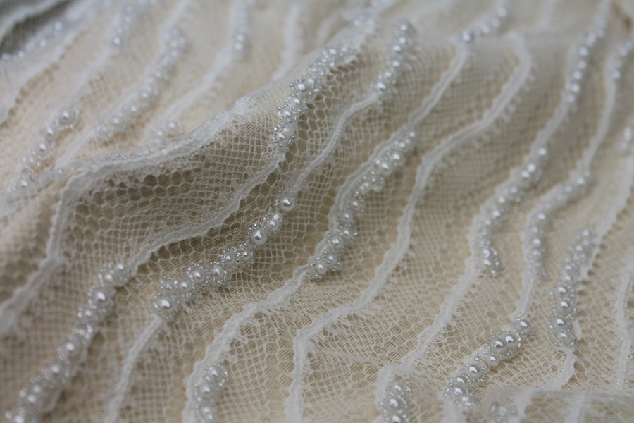Italian Hand Beaded Lace - Pale Ivory with Pearls and Glass Beads