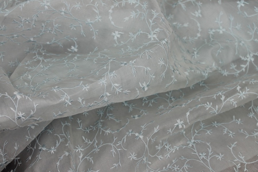 Embroidered Silk Organza - Pale Blue Small Flowers On Ivory