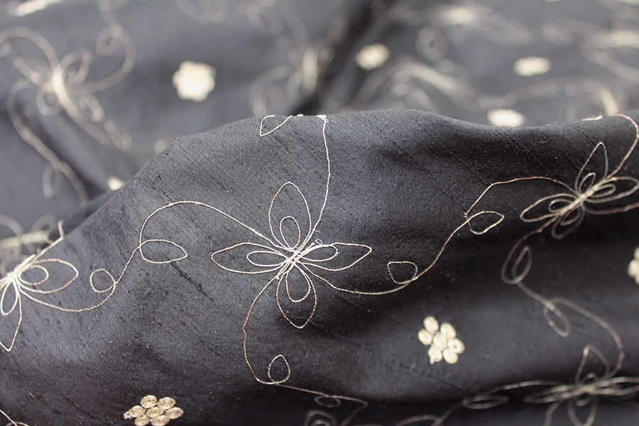 Black Silk Dupion w/ Simplistic Gold Embroidery