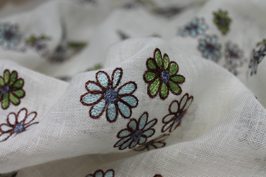 Ivory Sheer Linen with Floral Embroidery in Blue Green and Brown