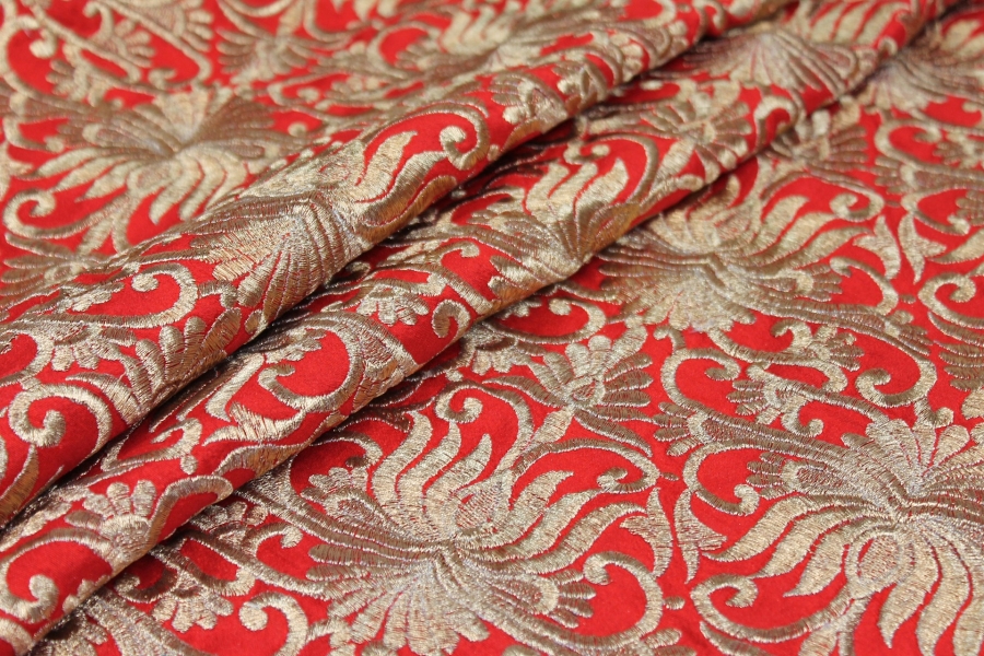 Gold Scroll Embroidered Dupion - Red