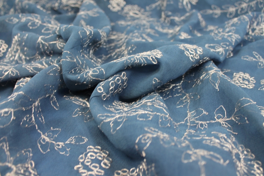 Metallic Floral Embroidery on French Blue Silk Chiffon