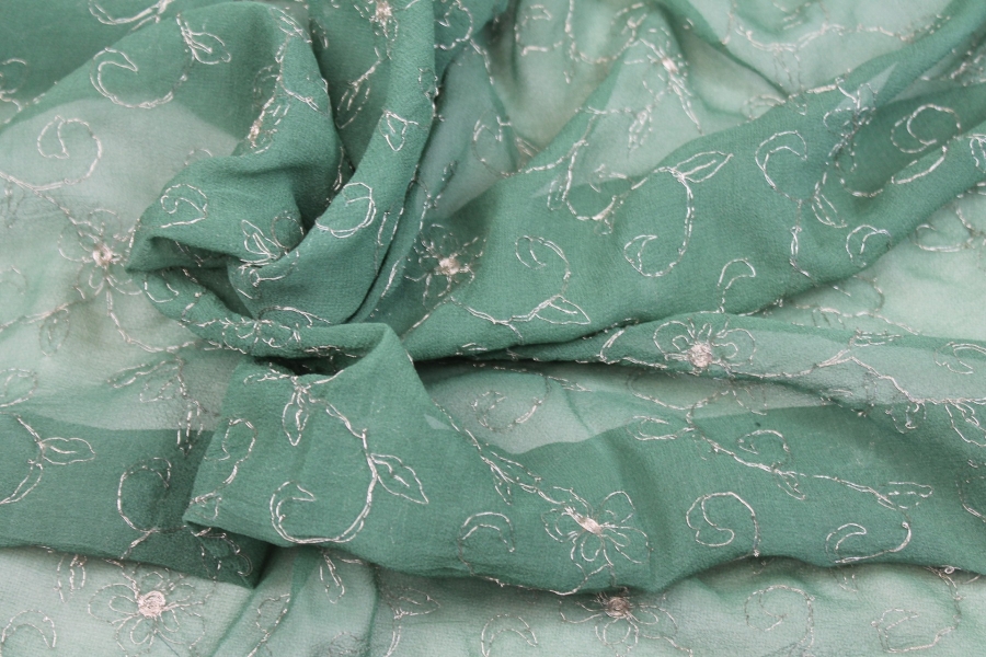 Metallic Floral and Swirl Embroidery on Green Silk Chiffon
