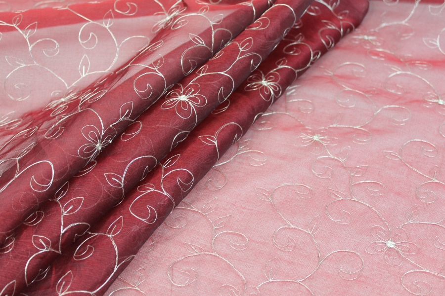 Metallic Floral and Swirl Embroidery on Deep Red Silk Organza