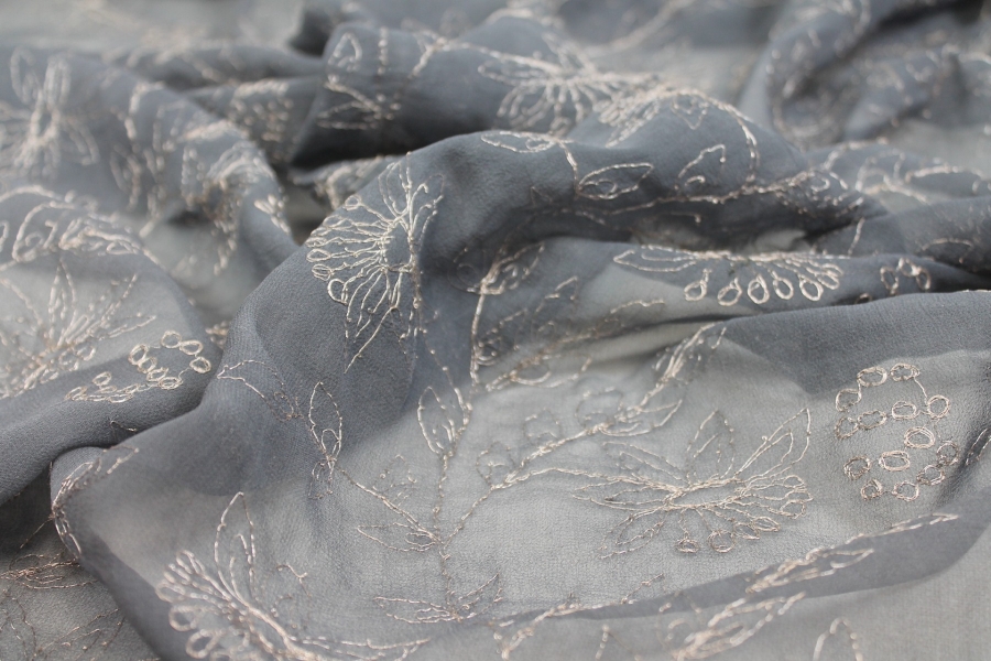 Metallic Floral Embroidery on Grey Silk Chiffon