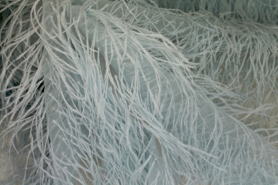 Beads and Ostrich Feathers on Tulle - Baby Blue