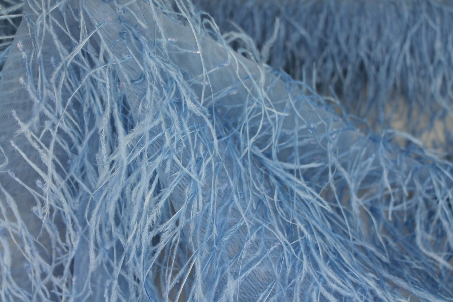 Beads and Ostrich Feathers on Tulle - Sky Blue